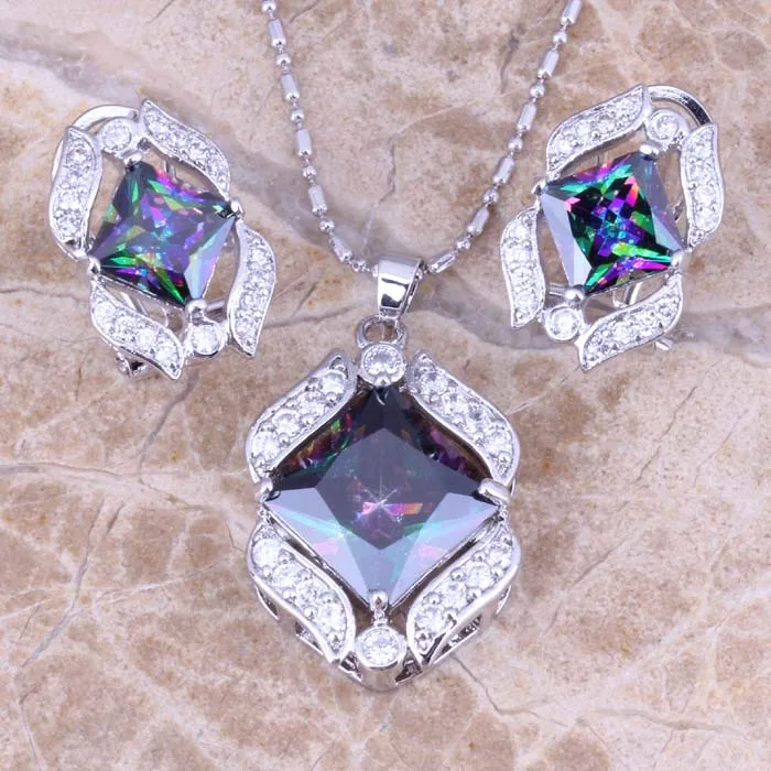 Absorbing Rainbow Cubic Zirconia White CZ Silver Plated Earrings Pendant Necklace Jewelry Sets S0754