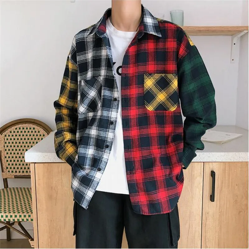 2021 new personality patchwork red plaid shirt men\'s street casual hip hop long-sleeved shirt men\'s loose shirt large size M-5XL