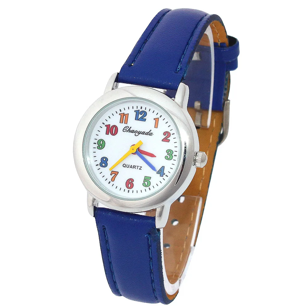 Mode Runde Lernen Zu Zeit Kinder Junge Mädchen Schwarz Leder Quarz Student Armbanduhr kinder Tutor Uhr U13 Mädchen Jungen uhren