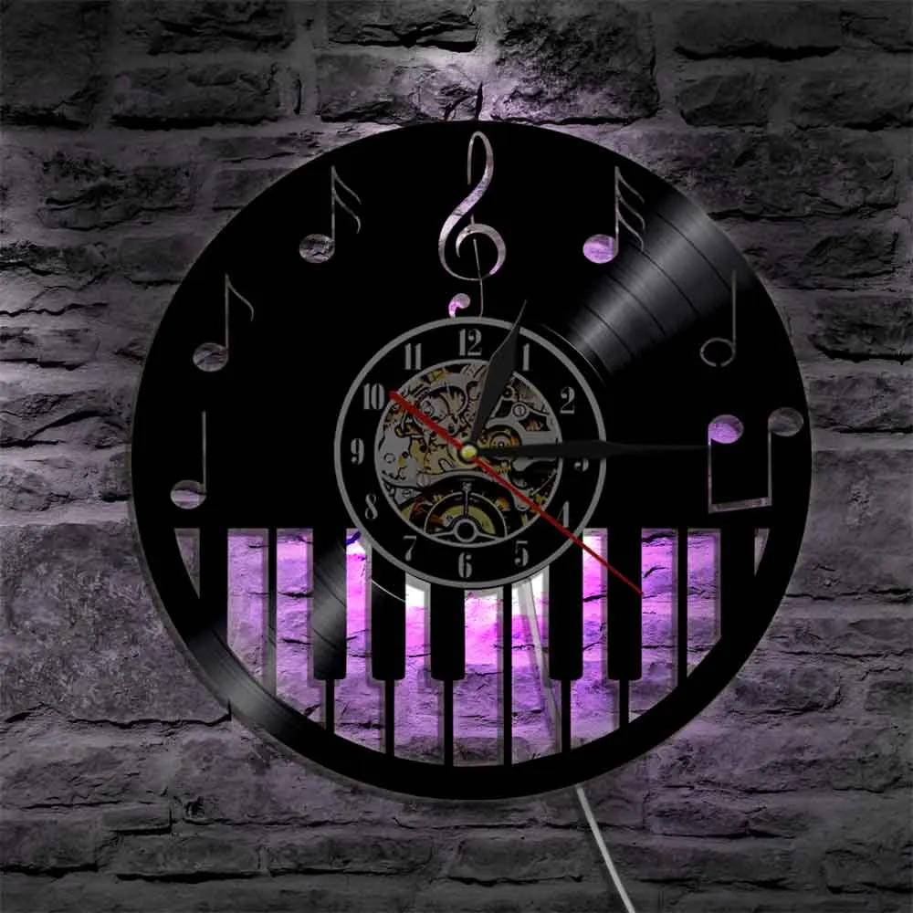 

Piano Musical Instrument Vinyl Record Wall Clock With LED Backlight Music Notes Sheet Music Color Change Modern Light