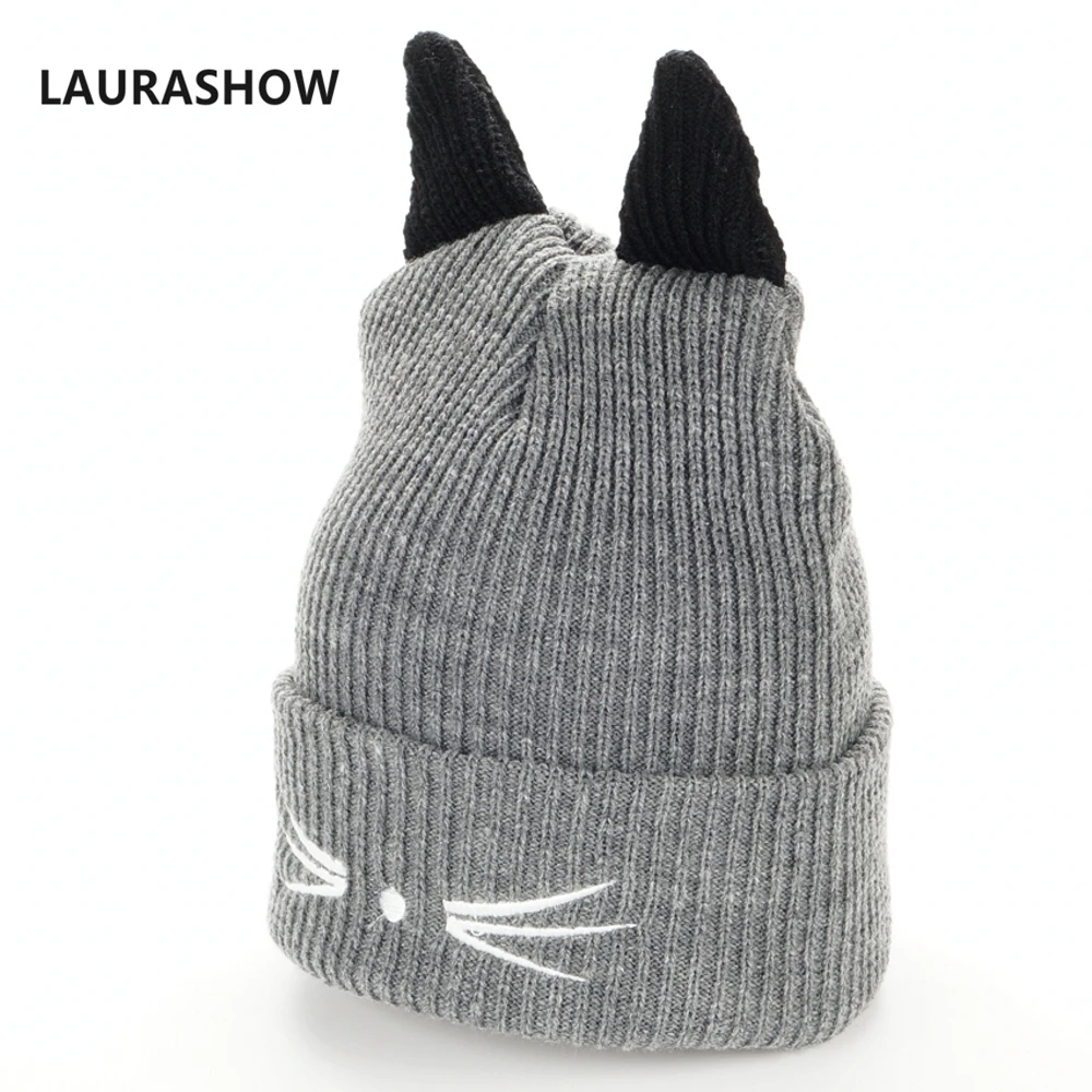 

LAURASHOW 2023 New Kids Women Knitting Hat Cat Ear Crochet Cap Winter Keep Warm Beanie Girl