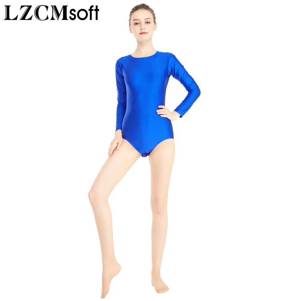 LZCMsoft Women\'s Crew Neck Long Sleeve Leotards Ballet Spandex Crotch Button Gymnastics Dance Unitards Dancewear Tops