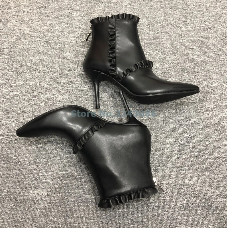 Hitam Kulit Imitasi Kerutan Tipis High Heel Sepatu Menunjuk Toe Kulit Anklle Sepatu Lipatan Kembali Zipper Elegan Wanita Sepatu