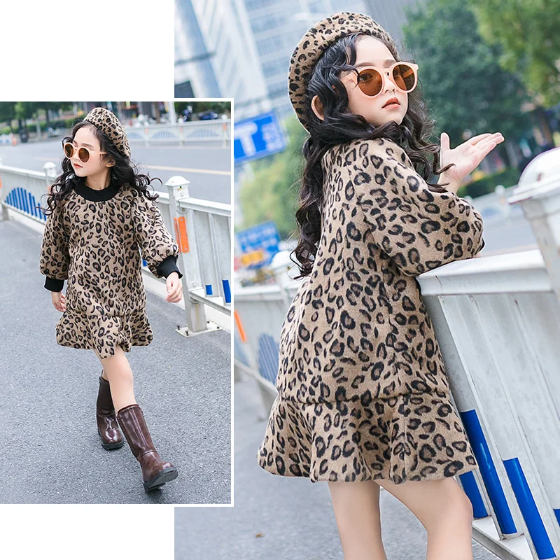 Leopard Pattern Girls Woolen Dresses for Kids Winter Kids Girls Long Sleeve Tutu Dress Girls Thick Fleece Dress Age 6 8 10 12