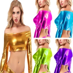 Women Pu Shiny Metallic Leather Long Sleeved Off Shoulder Bikini Tank Crop Top Bra Tunic Shirt Latex Wetlook Festival Clothing