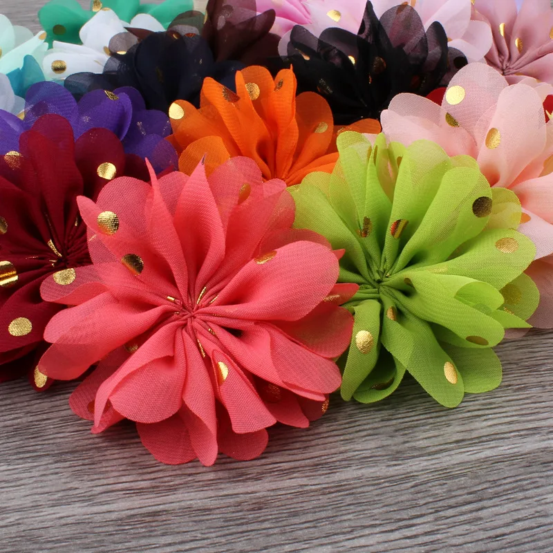 

120pcs/lot 7.5cm 24colors Hair Clips Ballerina Chiffon Flower Ornaments Fabric Flowers With Gold Dot For Girls Hair Accessories