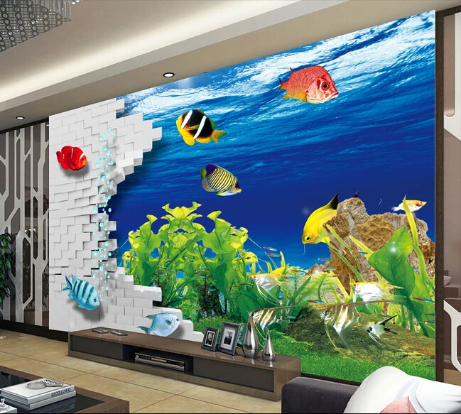 

The custom 3D murals,3 d brick wall underwater world,living room sofa TV wall bedroom wall paper