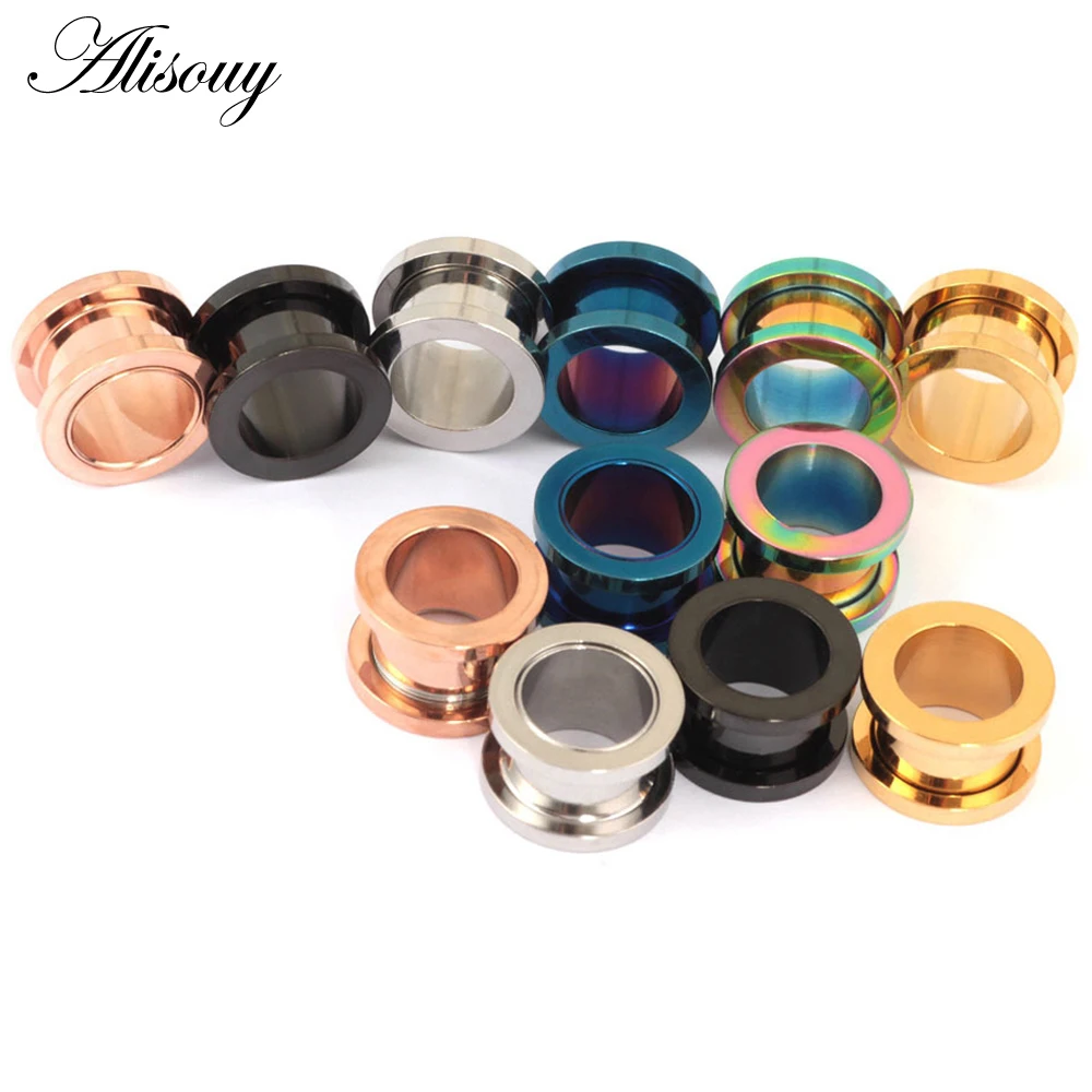 Alisouy Unisex 2PC Steel Ear Plugs Tunnel Flesh Earring Gauges Hollow Piercings Tunnels Expanders Mixed Color Body Jewelry
