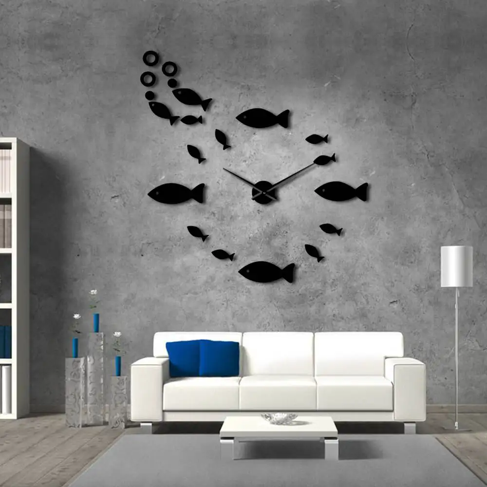 Fish With Bubble DIY Giant Wall Clock Mirror Effect Wall Art Home Decor Aquarium Decoration Frameless Big Needle Clock Watch