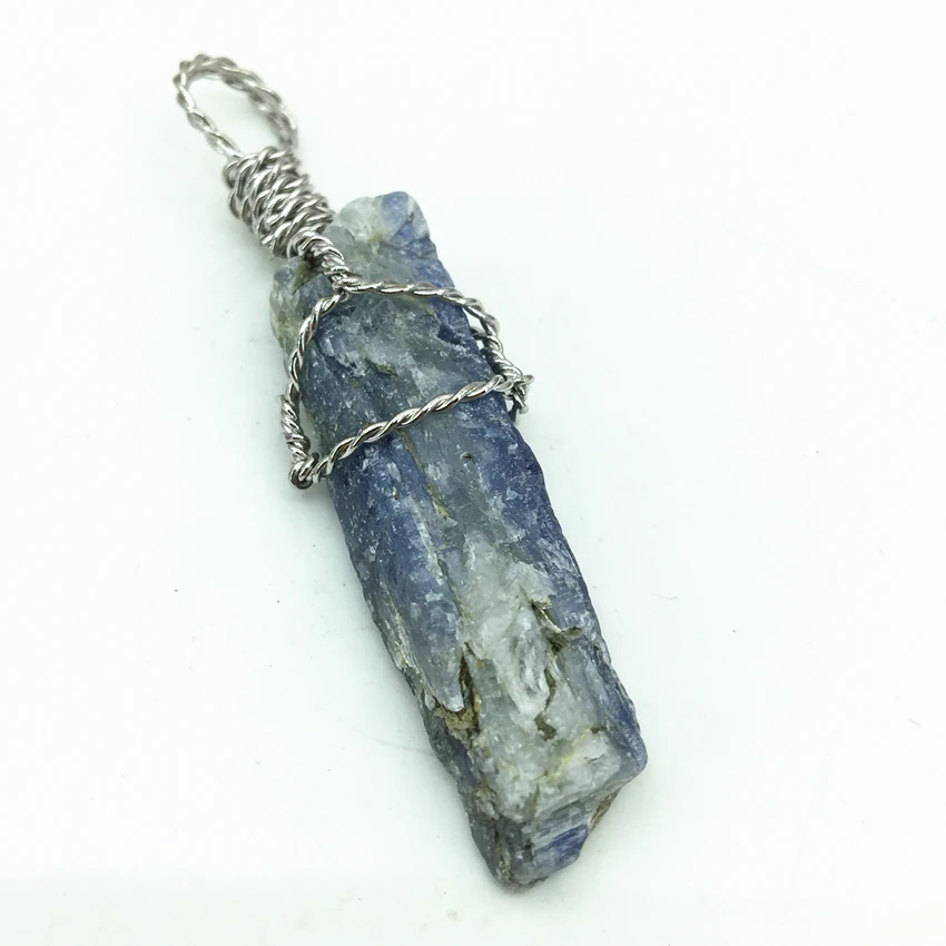 Exquisite handmade natural stone blue kyanite stone irregular charms pendant silver-color wire winding hot sale jewelry B3076