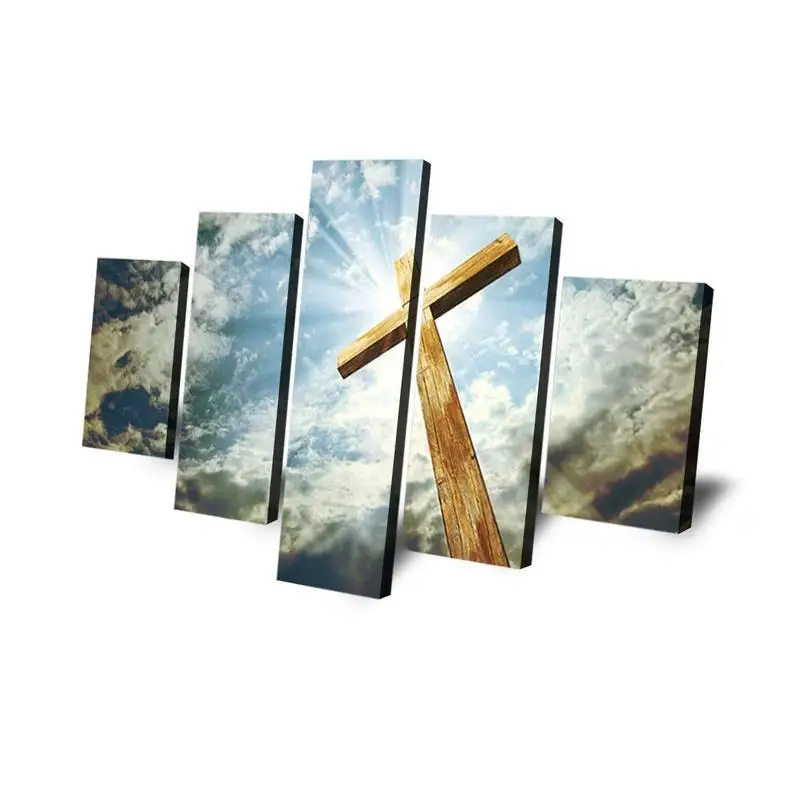 Wall Art Poster Modular Canvas HD Prints Paintings 5 Pieces Jesus Cross Cloudy Sky Pictures Home Decor For Living Room Framework