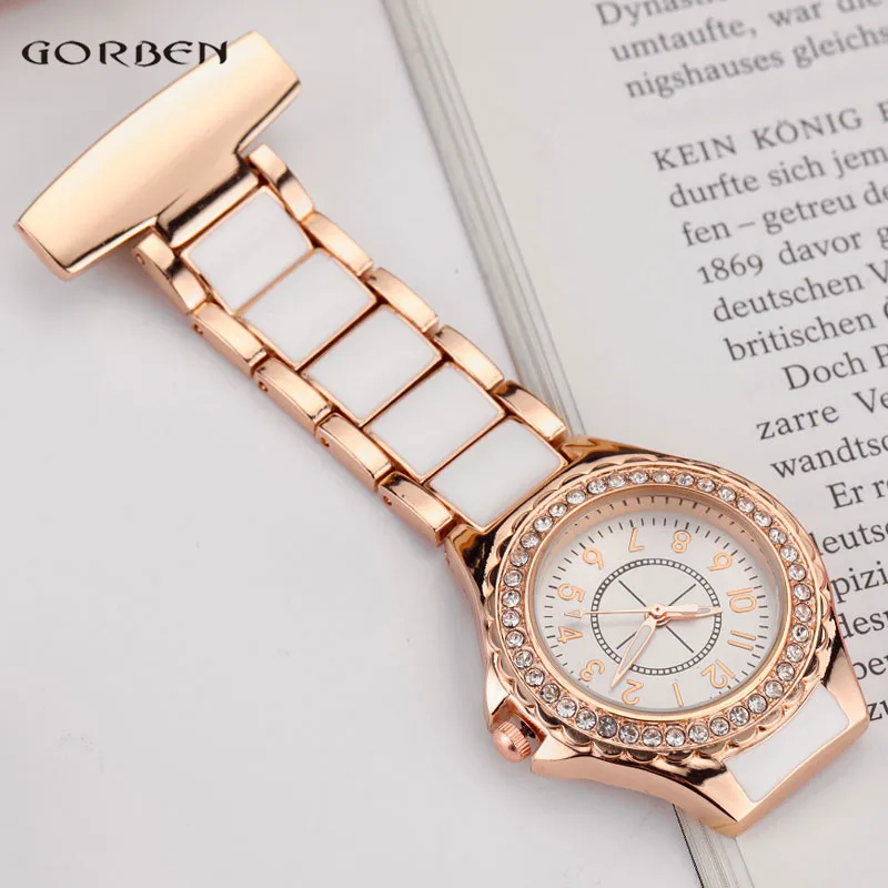 New Fashion Ladies Crystal Rose Gold Nurse Clip-on Watch Analog Brooch Elegant Steel Women Quartz Luxury Nurse FOB Pocket Watch