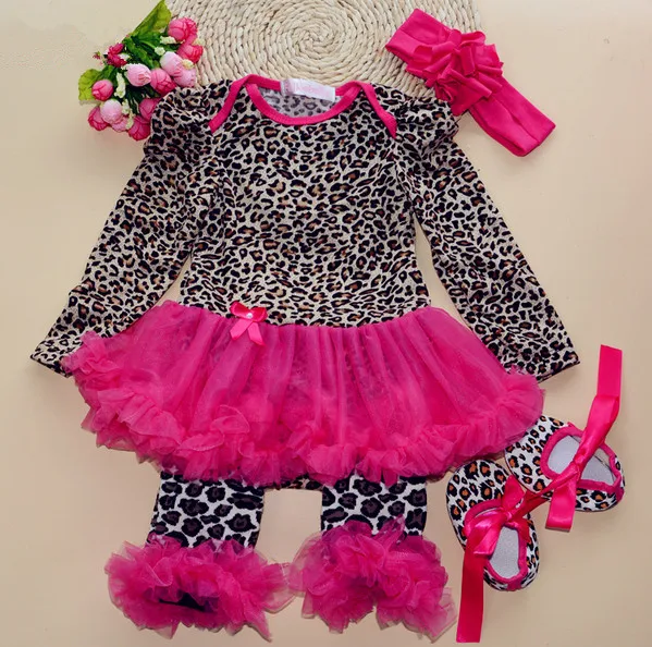 Mädchen baby newborn tutu kleider set Leopard body tops beinlinge infant schuhe blume stirnband 4 stück anzug für kinder kid