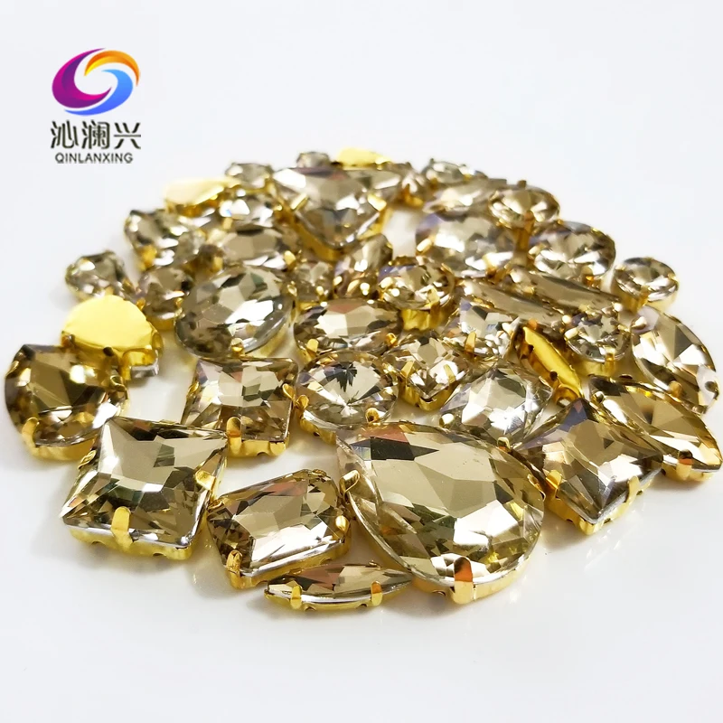 Shiny Mix Shape Top Crystals Glass Sewing Rhinestones for Needlework, Gold Bottom Light Coffee, DIY Clothing Accessories, 58Pcs