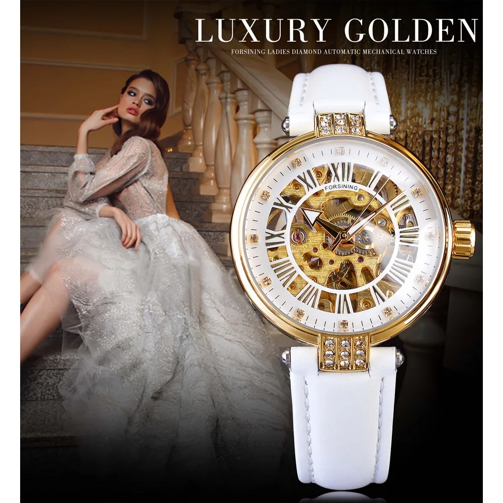 Forsining White Golden Mechanical Automatic Transparent Open Work Ladies Women 2019 Fashion Skeleton Wristwatch Top Brand Luxury