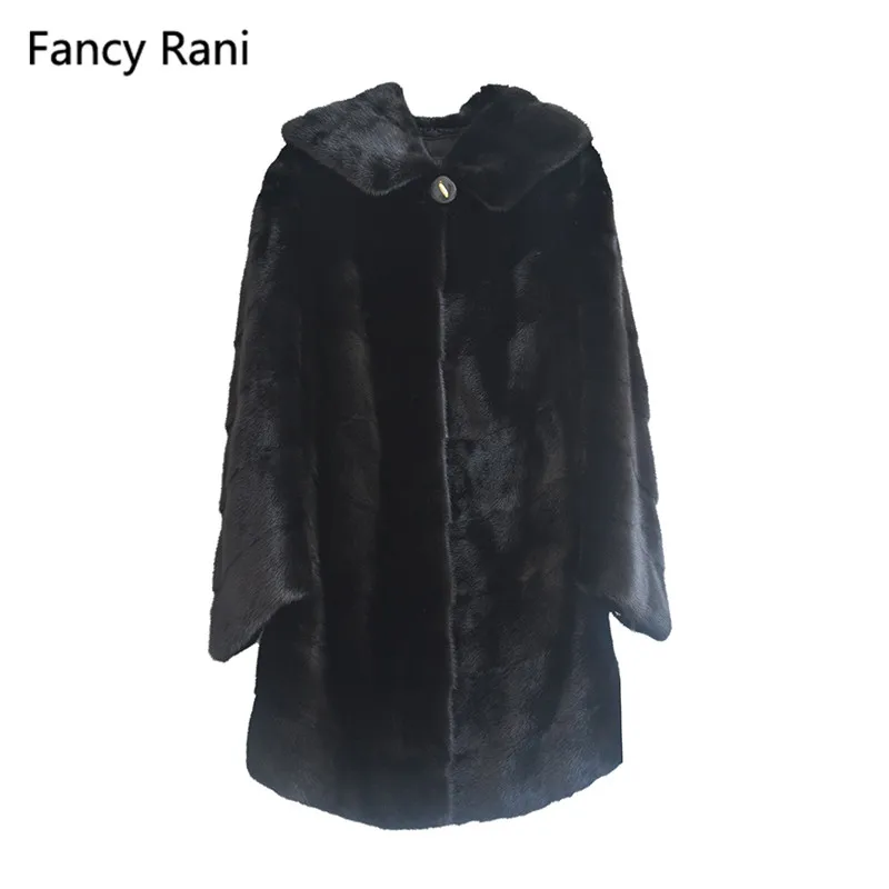 Fancy Rani Women Natural Mink Fur Coat Hooded Winter Long Jacket Whole Skin Real Overcoat Black Mink Genuine Fur Coats Oversized