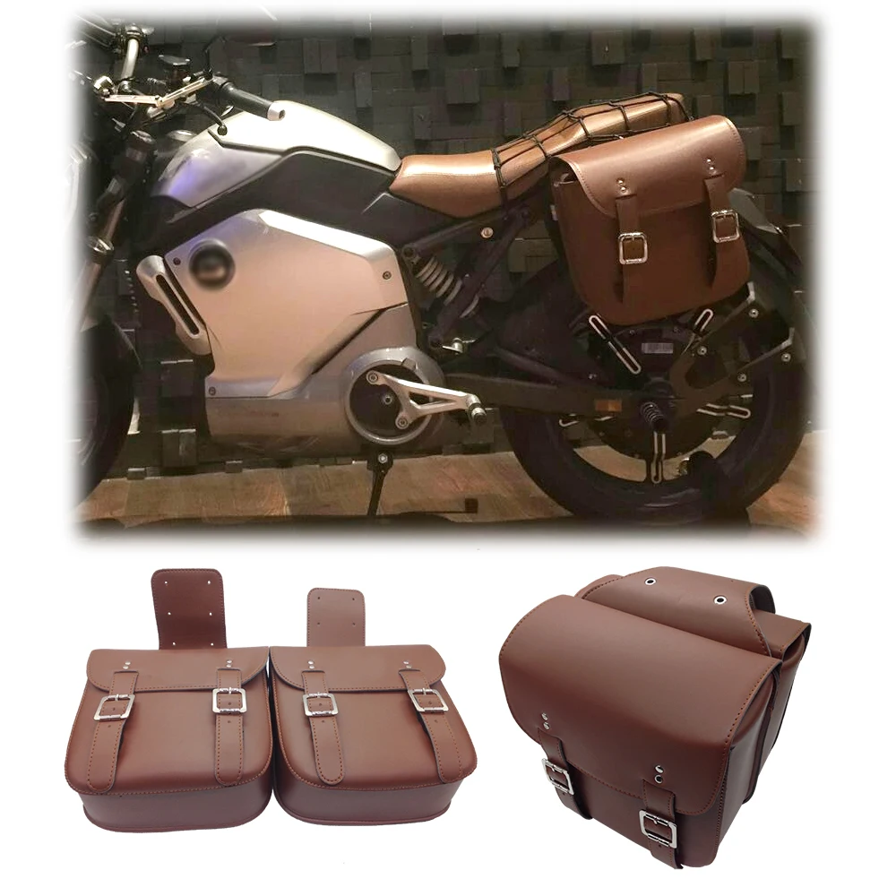 KYN 1 double-layer motorcycle brown double buckle saddle bag waterproof bicycle side storage fork tool kit PU leather side bag