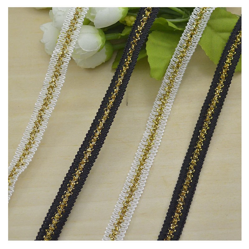 Vendita calda 30 Metri Treccia di Tessitura Del Nastro, Prezzo basso Del Merletto All'uncinetto Nastro 1 cm, Bianco nero Con Filo D'oro Ribbon Lace Trim