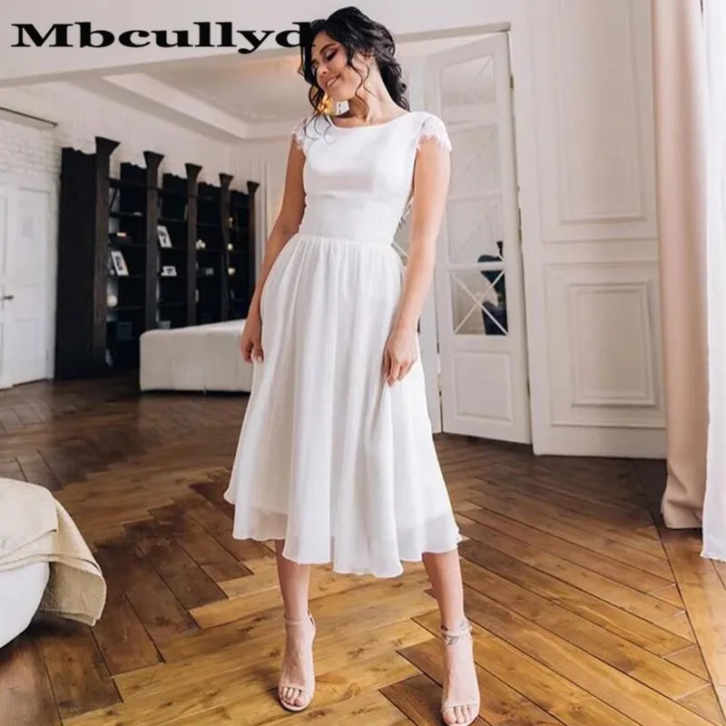 Mbcully Simple Beach Wedding Dresses 2023 Elegant Lace Applique Mid Calf A-line Short Backless Chiffon Bridal Gowns