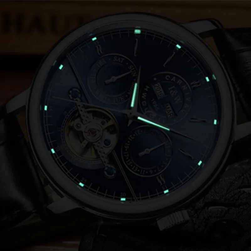 Carnival tourbillon Men Top Brand Automatic Mechanical Watches Luxury genuine leather Waterproof Watch full steel montre homme