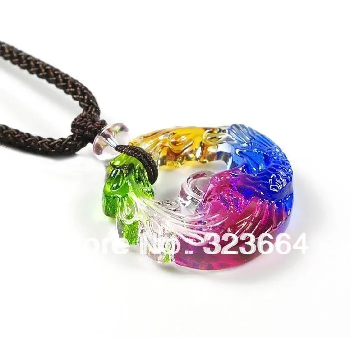 Chinese Jewelry LiuLi Glass colorful multicolor Phoenix auspicious bird Necklace