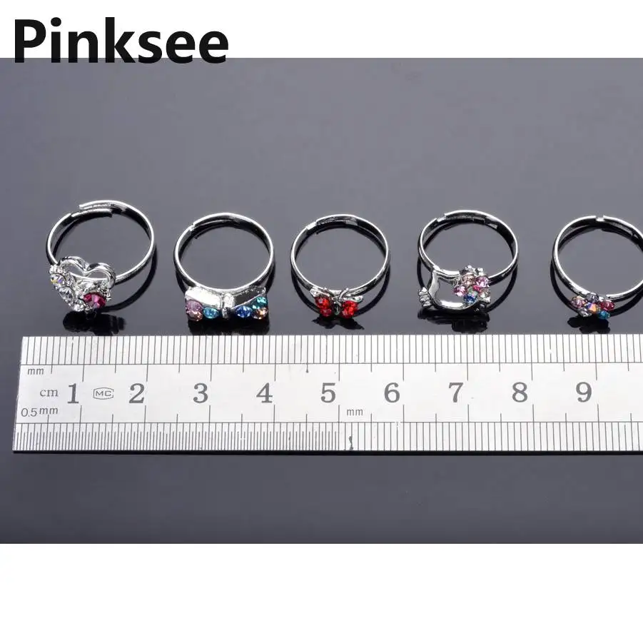 Mix Lot 60pcs Silver Plated kids ring Assorted Design Crystal Ring Child Party Small Size Adjustable Heart ring Wholesale