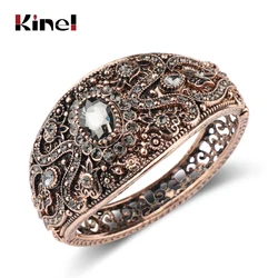 Kienl Vintage Gray Crystal Bracelets For Women Antique Gold Turkish Charm Width Cuff Bangle Bracelets Fashion Bohemia Jewelry