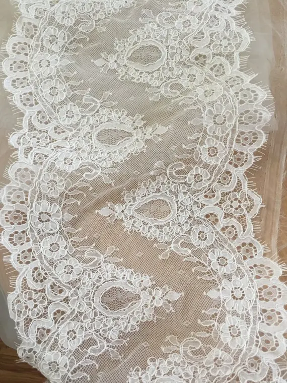 3 Yards Off White Bridal Veil Frehcn Alencon Lace Fabric Trim , Eyelash Wedding Cape Lace Shrug Overlay Bolero 22cm Wide