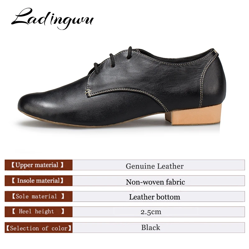 Ladingwu 2018 Salsa Dance Shoes Mens Modern Latin Dance Shoes Ballroom Tango Dancing Shoes Men Black Genuine Leather Heel 2.5cm