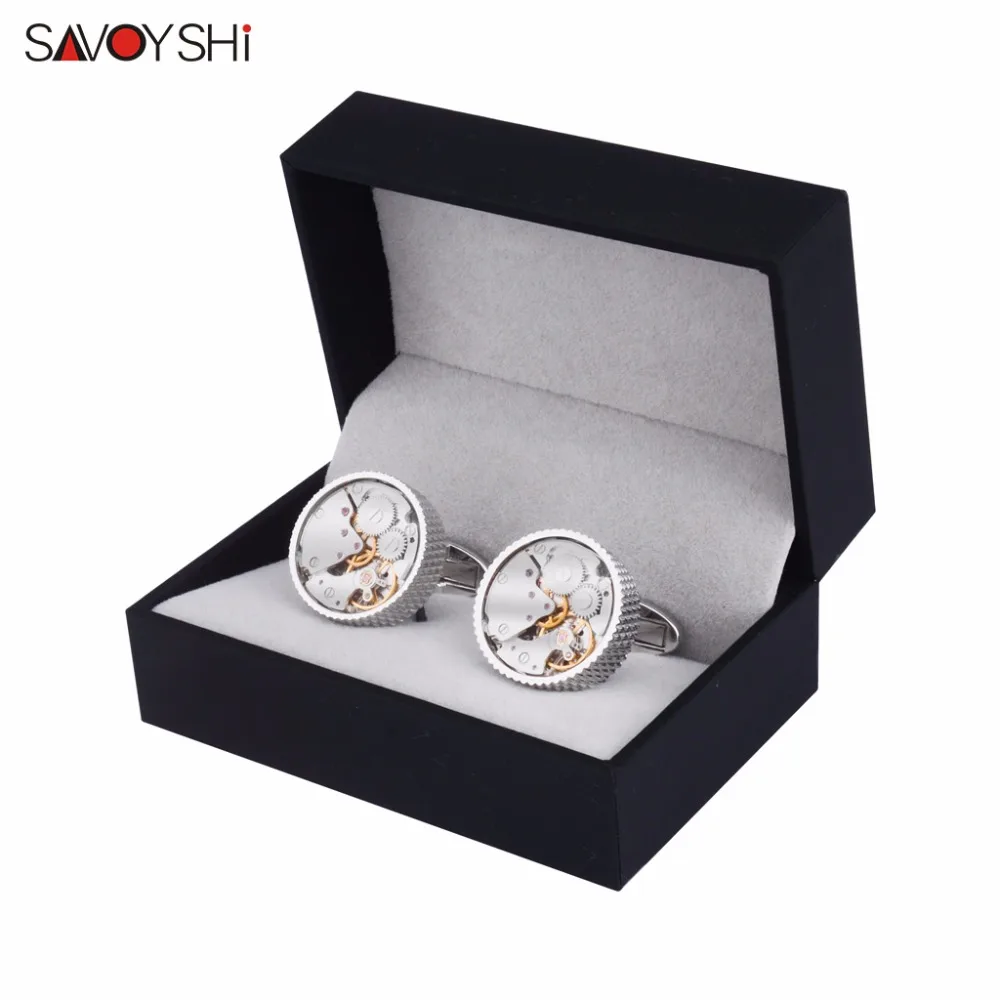 SAVOYSHI Mechanical Watch Movement Cufflinks for Mens Shirt Cuff button High Quality Silver color Round Cuff link Brand Jewelry