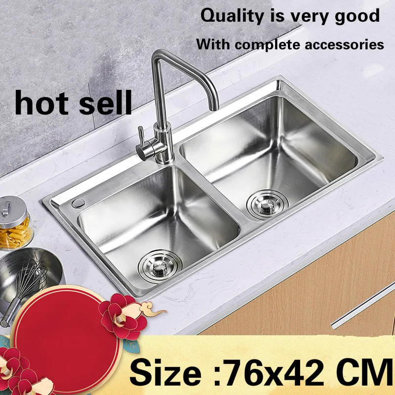 

Free shipping Hot selling standard individuality kitchen double groove sink food grade stainless steel whole drawing 76x42 CM