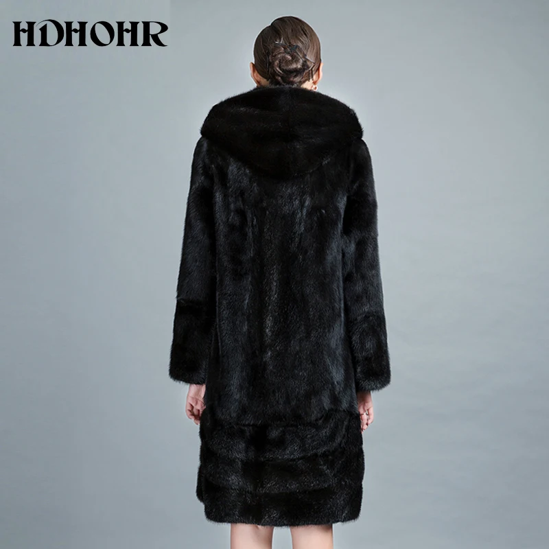 HDHOHR 여성용 천연 밍크 모피 코트, 긴 후드, 진짜 모피 파카, 두껍고 따뜻한 겨울 진짜 밍크 재킷, 2024 하이 퀄리티