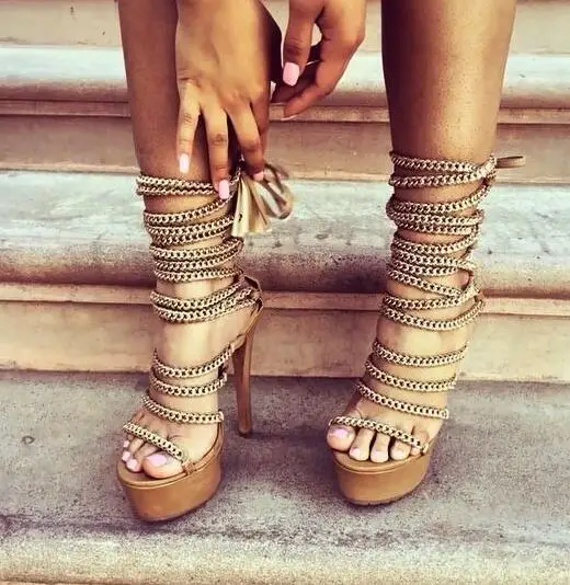 Hot Selling Chain Decor High Platform Women Dress Shoes Cut-out Lace-up Gladiator Heels Sandals Customized Strappy Sandals