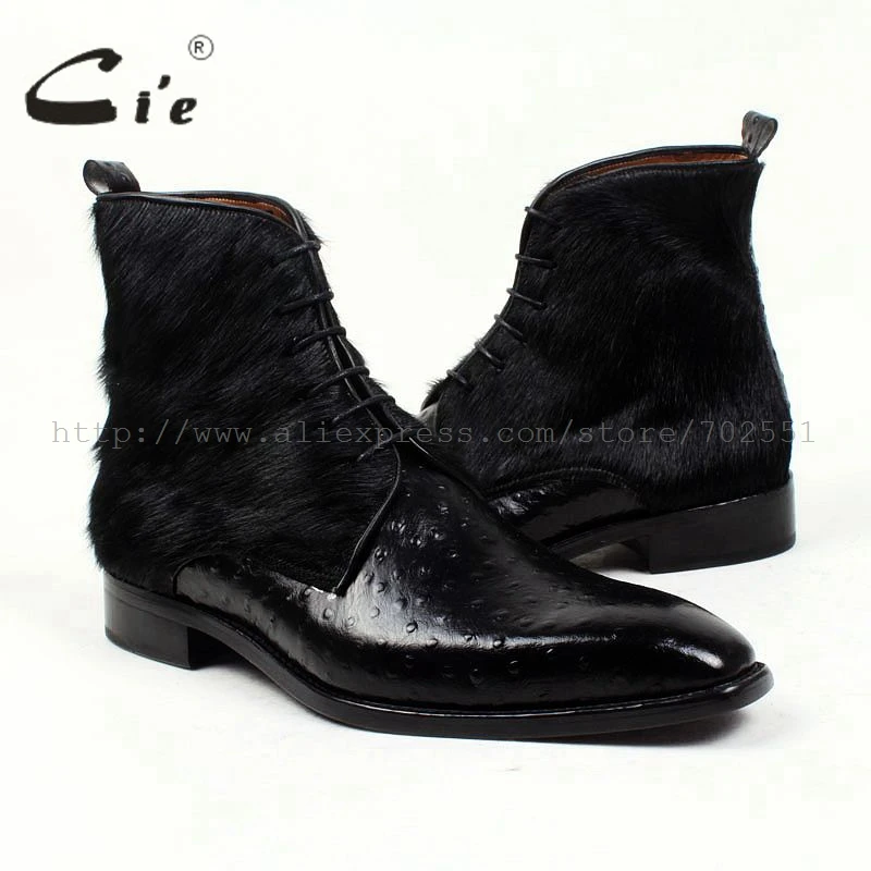 cie Free Shipping Handmade Horse Hair/Empossed Ostrich Calf Leather Outsole Buttom Breathable Color Black Men Leather Boots A86