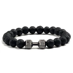 Homens pulseira de pedra vulcânica natural preto fosco lave contas brancas charme haltere strand pulseiras mulheres barbell jóias de fitness