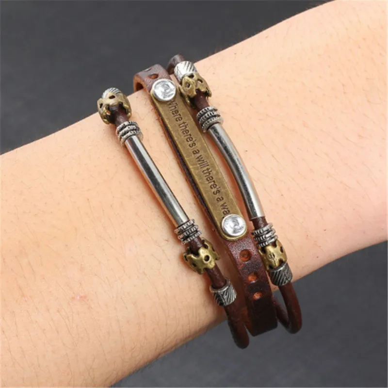 Newest Handmade Where There's Will There's a Way Genuine Leather Bracelets Men Charm Cuff Bangle Bracelet For Woman Jewerly Gift