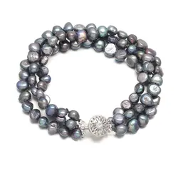 7-8mm Black Baroque 3 Rows Natural Freshwater Pearl Bracelets Jewelry Bangle for Women and Men