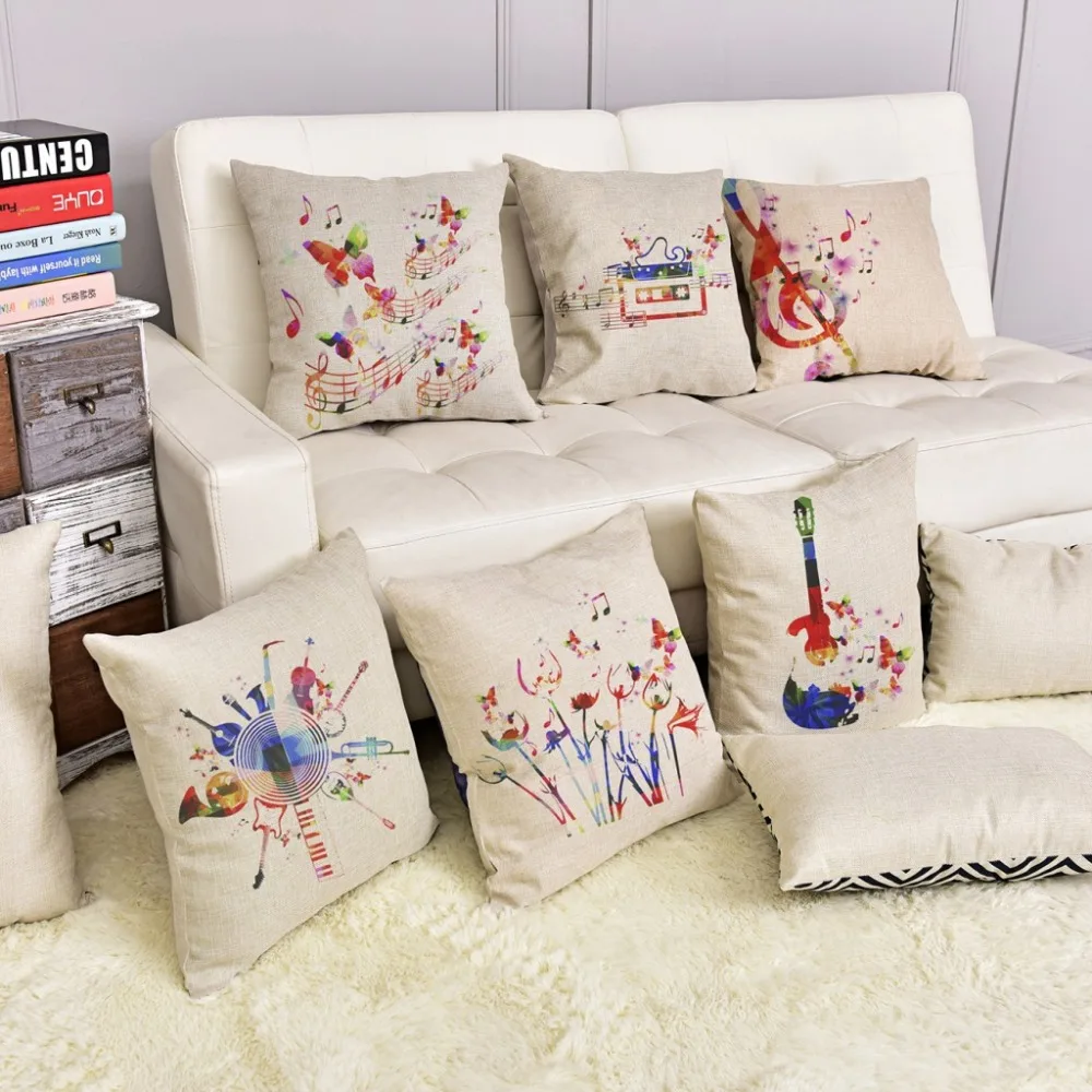 

Colorful Music Notes Guitar Throw Cushion Covers Cotton Linen Floor Decorative Pillow Case Window Decorative Pillow Cover