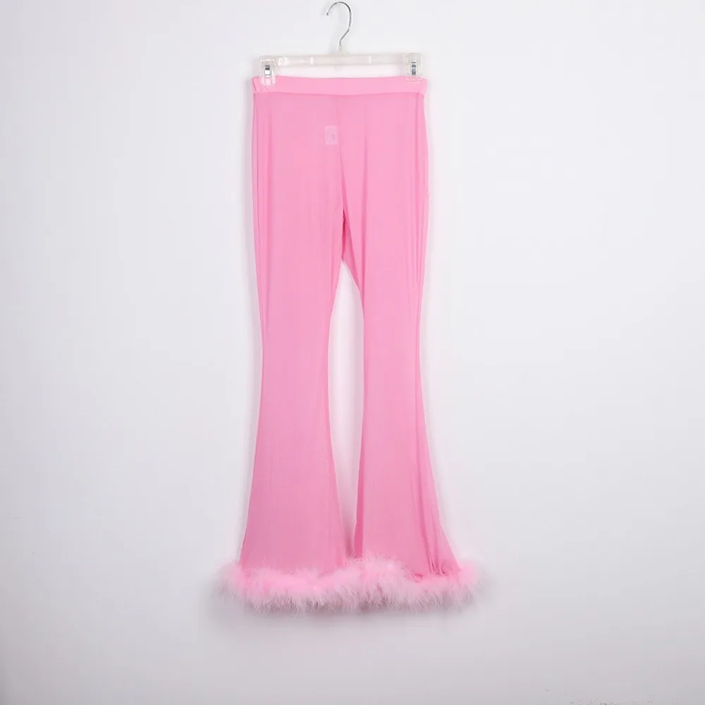 Sexy V Neck Mesh Tracksuit Two Piece Sets Women Crop Top and Pants Autumn Fluffy Costume Pink Hip Hop Sweat Suits See Through