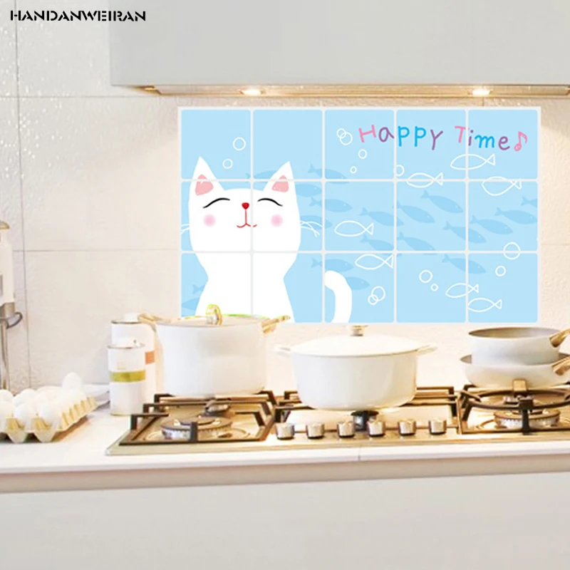 45*75cm Cute White Cat Anti Oil Wall Sticker Ceramic Tile Kitchen Decorate Waterproof Moisture-Proof Greasy Decoration