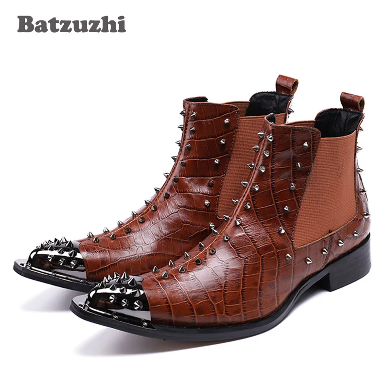 

Batzuzhi New Western Cowboy Boots Man Metal Pointed Toe Leather Boots Brown Rock Motocycle Boots Men Nightclub Party,38-46