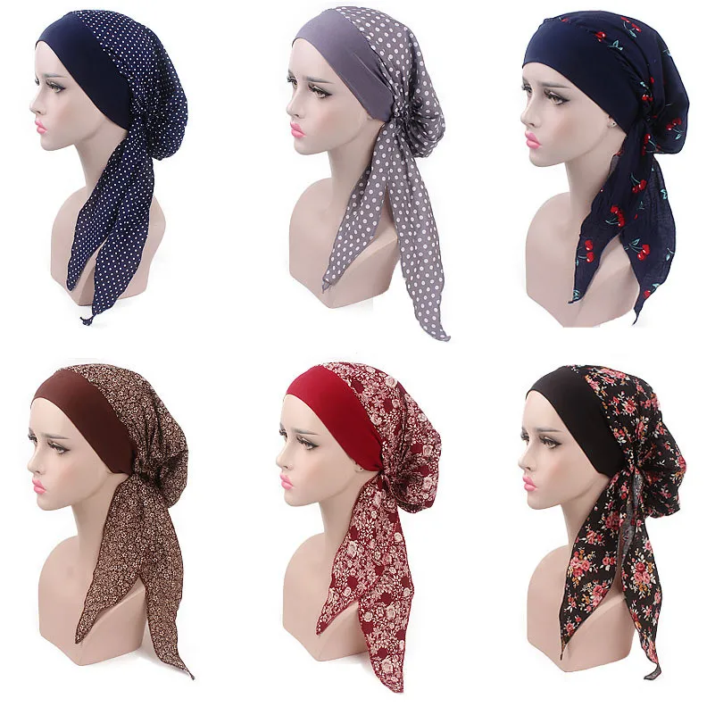 Muslim Women Elastic Cotton Turban Hat Scarves Pre-Tied Cancer Chemo Beanies Bandana Headwear Head Wrap Hair Loss Accessories