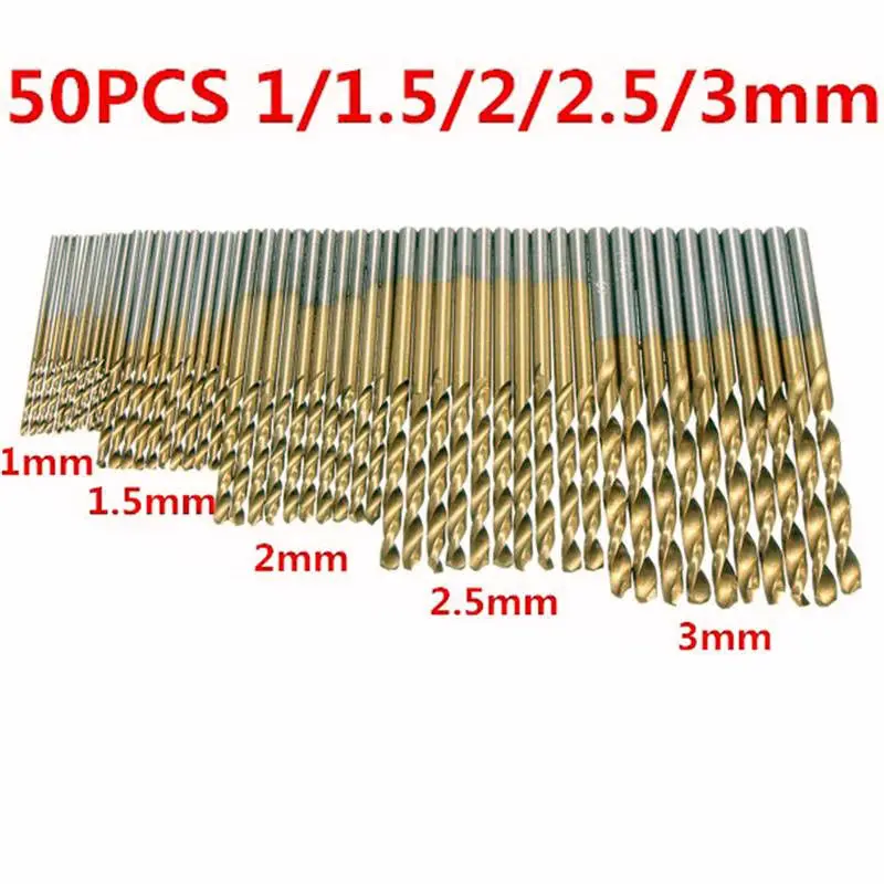 50 pz/set Set di punte elicoidali Set di seghe HSS alto acciaio rivestito in titanio trapano strumento per la lavorazione del legno 1/1/1/2/2/3mm per metallo