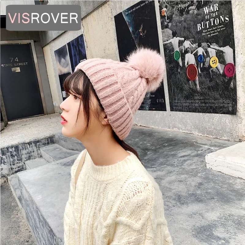 VISROVER 12 colors Autumn winter solid color real acrylic beanies with pompom for man woman cashmere unisex Warm hat wholesales