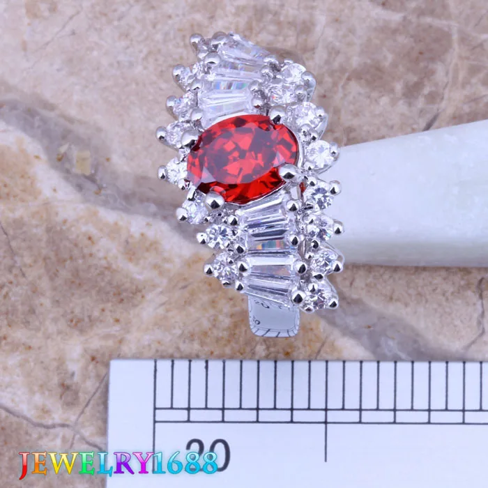 Superb Red Garnet White CZ Silver Plated Ring Size 7 / 8 D340