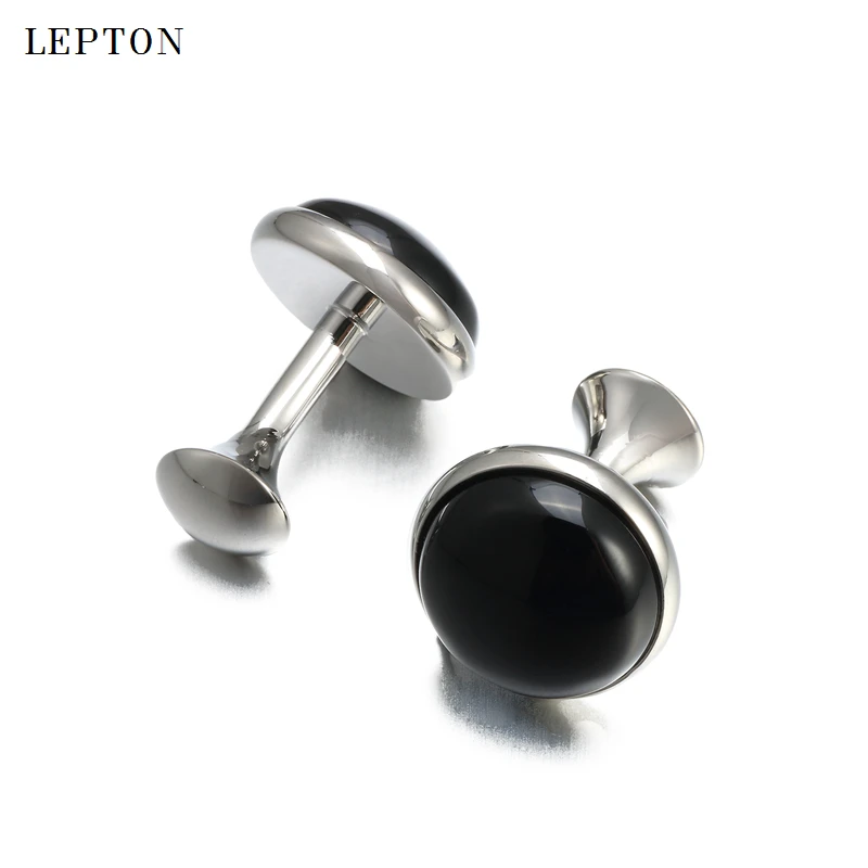 Low-key Luxury Black Onyx Cufflinks for Mens Business Lepton High Quality Gold Color Round Onyx Stone Cuff links Relojes gemelos