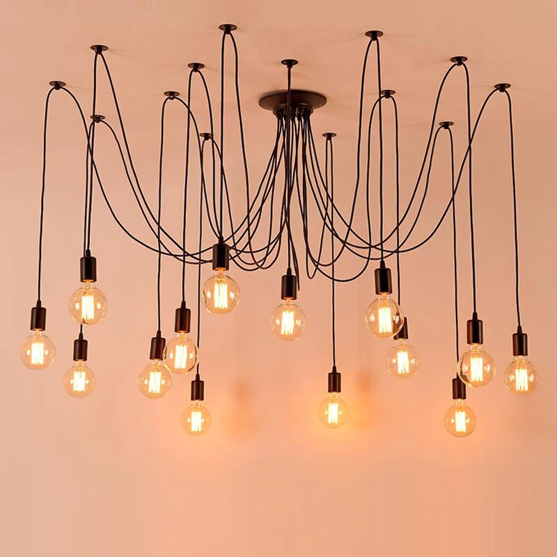 DIY Vintage Black Cord Multiple Light Sources Simple Pendant Lamp Dining Room Coffee 1-2m Wire Spider Pendant Lights