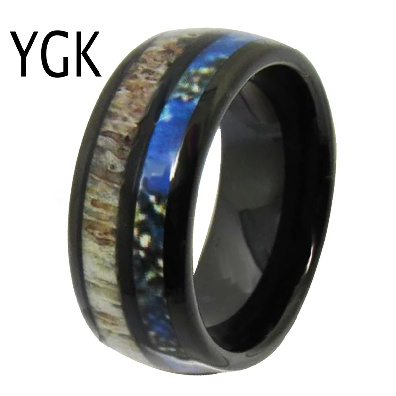 YGK Wedding Jewelry Deer Antler Inlay Black Dome Tungsten Rings for Men's Bridegroom Wedding Engagement Anniversary Ring