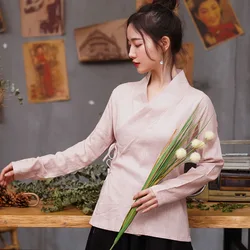 Chinese Traditionele Hanfu Vrouwen Katoen Linnen Shirt Blouse Vintage Ladys Solid Ops Oosterse Hanfu Show Dieptepunt Shirt