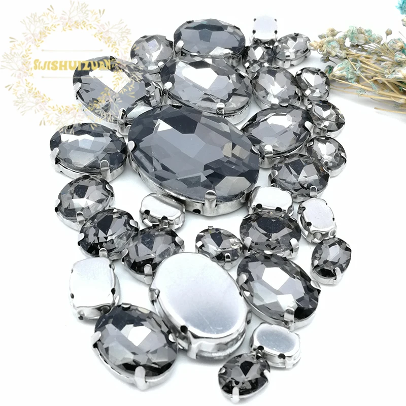 5 SIZES 30PCS Gray oval shape Glass Crystal sew on rhinestones with calw Diy wedding decoration